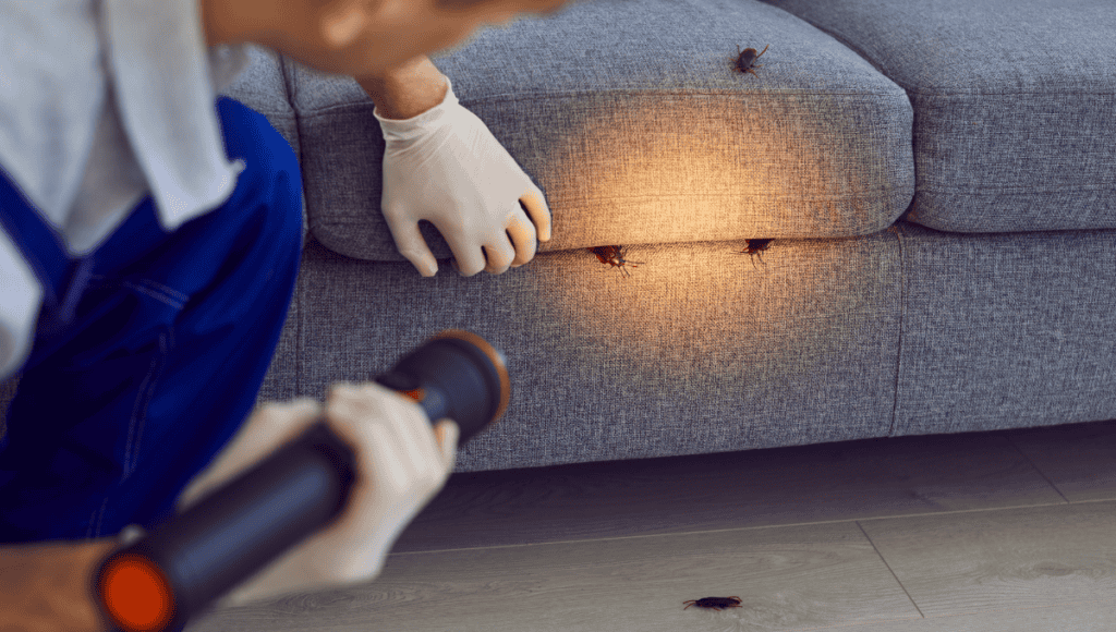  professional performing a home pest inspection, using a flashlight to check a gray fabric couch for signs of pest activity along the seams.